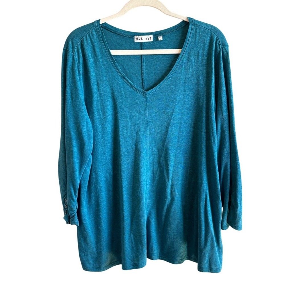 Habitat Top Teal Women Large Linen V-Neck 3/4 Sleeve Relaxed Fit 29436